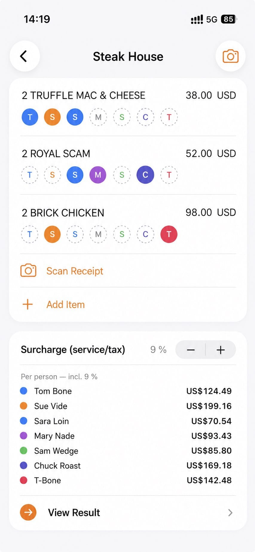 Assigning items to people and adding a surcharge